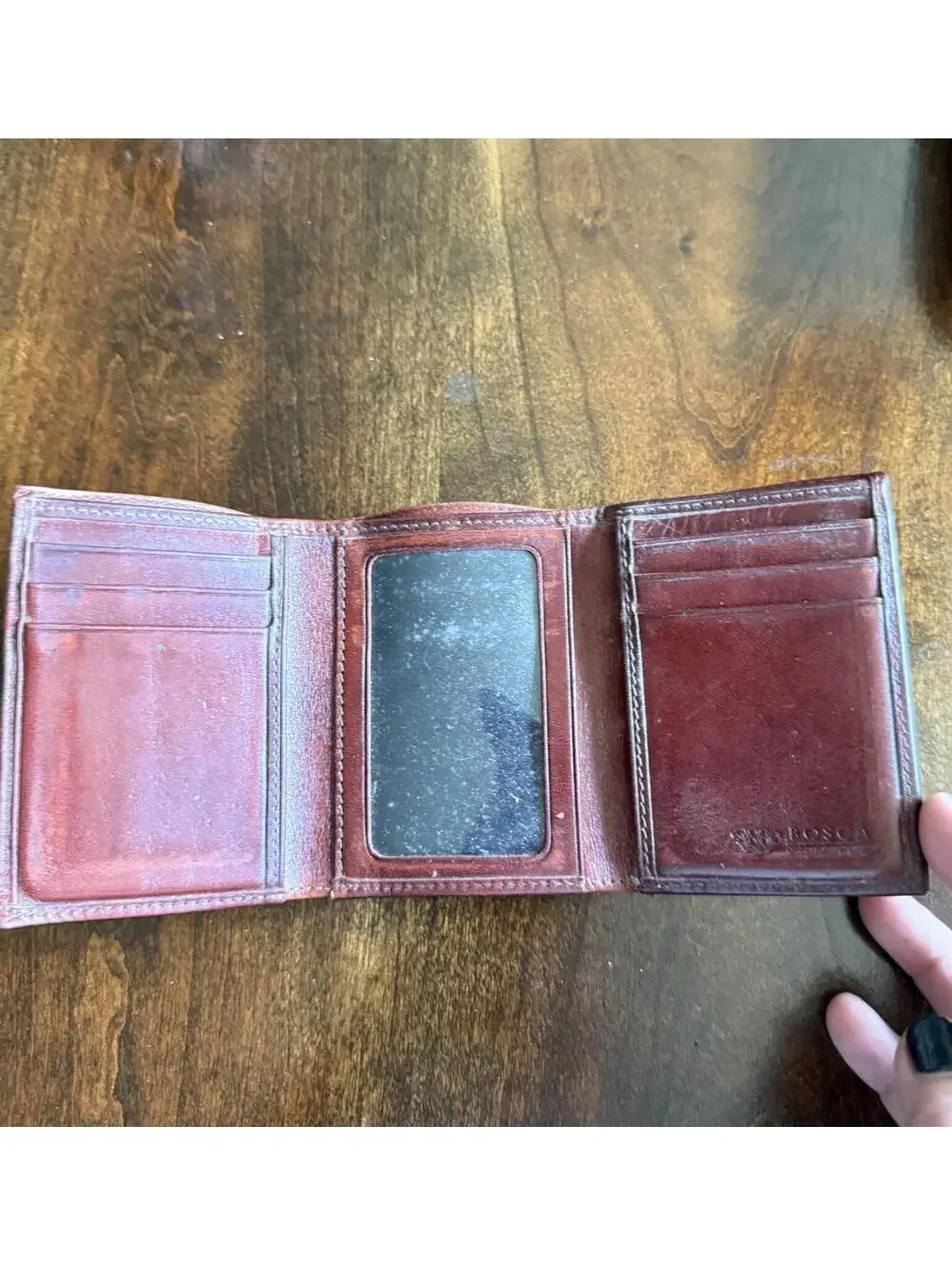 Bosca Brown Leather Trifold Wallet with ID Window
